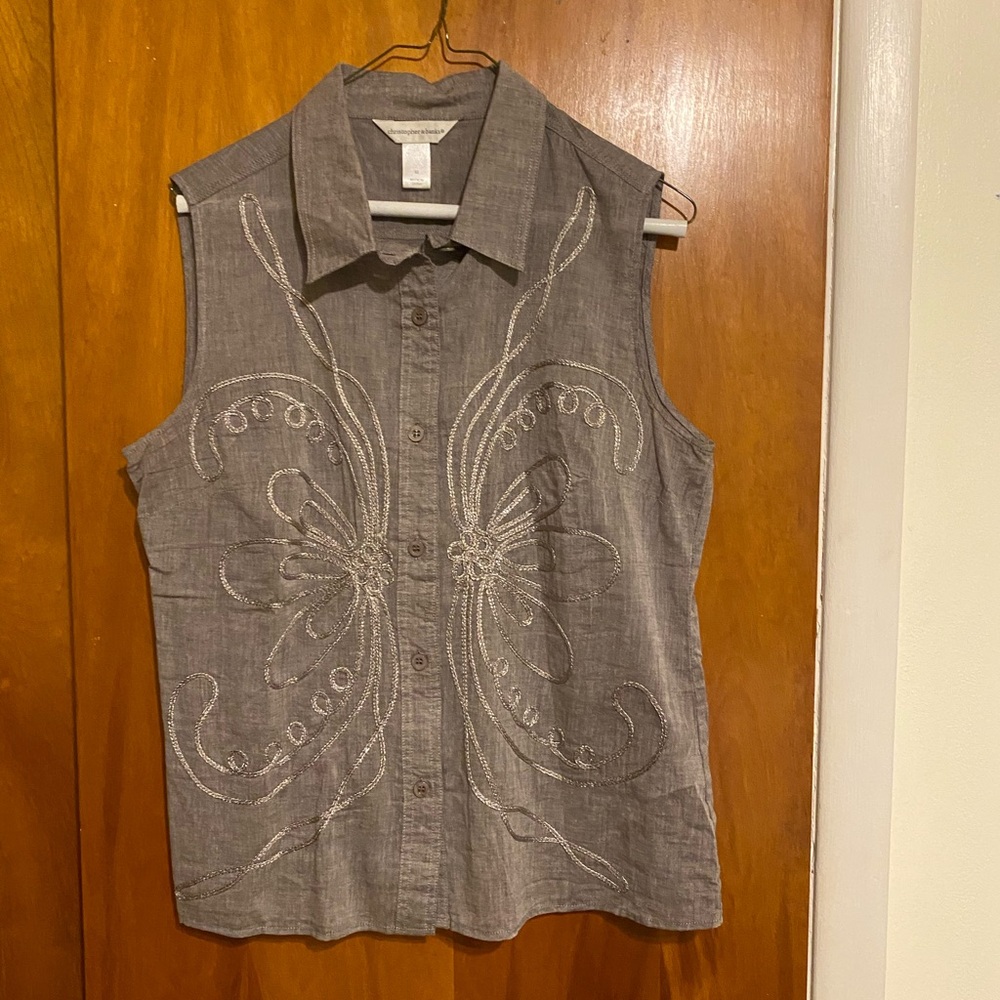 Christopher & Banks Gray Embroidered Sleeveless Shirt Collar w/ Metallic Design